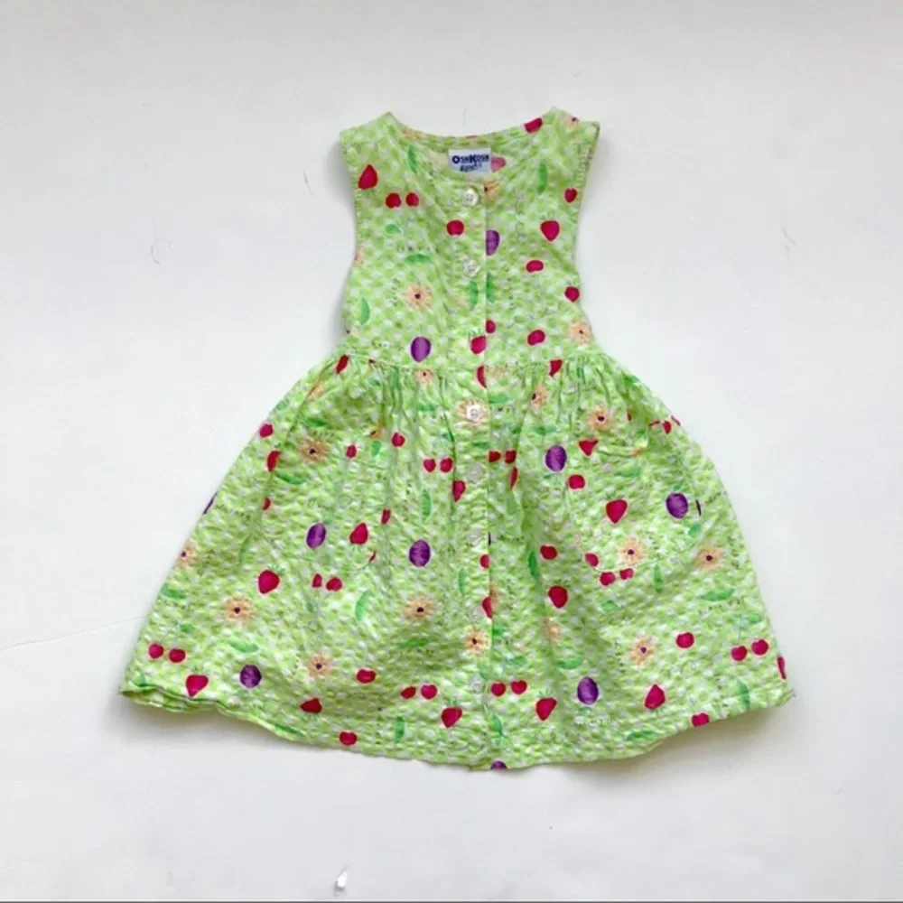 VTG Oshkosh green seersucker fruit dress EVC 3T